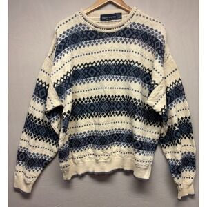 John Weitz Pullover Sweater Men's White Blue Crew Neck Argyle Stripe XL Vintage
